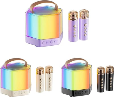 Karaoke Speaker Set - Draagbaar Geluidssysteem - Feestelijke Muziekavond - Draadloze Microfoons Inclusief - 12 x 12 x 12 cm