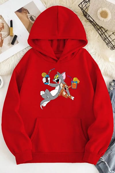 Trendy Rood Hoodie met Tom en Jerry Cartoonprint - Comfortabele Casual Sweatshirt met Capuchon voor Dames en Heren - 2XL-3XL