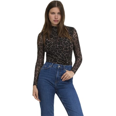 Only bruine dames top   High neck halslijn   Slim Fit   Animal patroon   Duurzaam   Lange mouw Bruin S