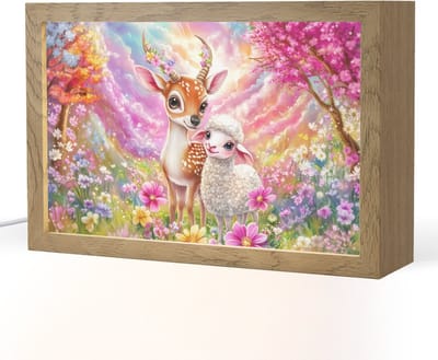 Nachtlampje 30x20 cm - Kinder lampje - Hertje - Lammetje - Bloemen - Pastel - Tafellamp kinderkamer - Slaapkamer lamp - Bedlamp kinderen - Kinderlampje stopcontact - Wandlamp babykamer - Nachtlampjes