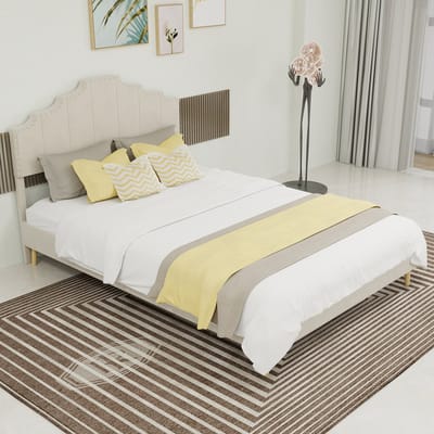 MODENUIT Gestoffeerd Bed 140x200 cm – Geometrisch Hoofdbord – Lattenbodem – Zonder matras – Metaal en Stof – Beige