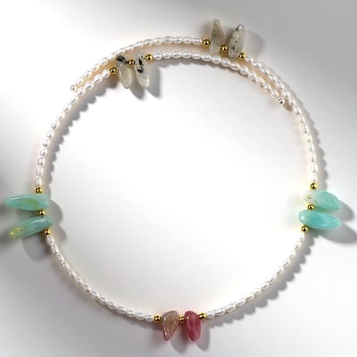 Cavill - Stalen Halsband met 44 9 ct Labradoriet, Amazoniet & Rozenkwarts - Handgemaakte Damesketting - Elegante Natuurlijke Edelstenen