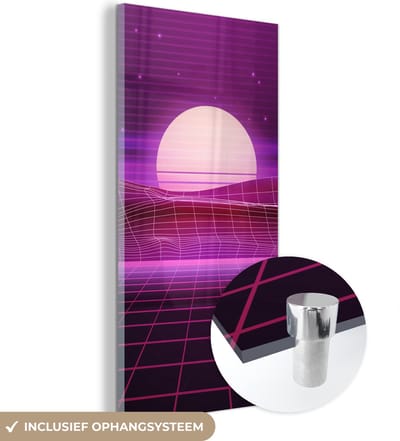 MuchoWow® Glasschilderij 60x120 cm - Schilderij acrylglas - Gaming - Neon - Retro - Paars - Zon - Gamen - Foto op glas - Schilderijen