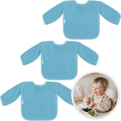 Funnies Slab met Mouwen 3-Pack Blauw - Set van 3 Zachte Slabbetjes voor Baby’s - 100% Katoenen Badstof - Makkelijk Wasbaar in de Wasmachine - Slabbetjes, Kwijlslab, Eet- en Speelslab - Ideaal voor Eten, Knutselen en Spelen