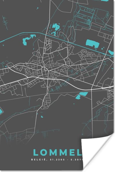 Poster België – Lommel – Stadskaart – Kaart – Blauw – Plattegrond - 120x180 cm XXL