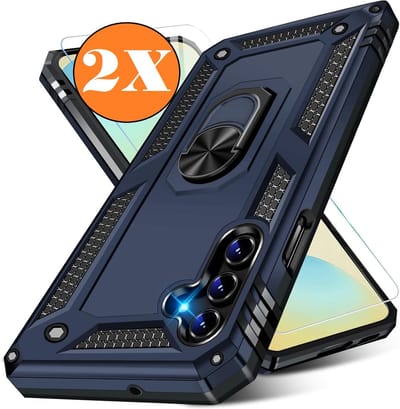 Hoesje Geschikt voor Samsung Galaxy A26 5G Hoesje Blauw Anti-Shock Hybrid Armor hoesje Met Draaibare Ring Houder - Samsung A26 Screenprotector 2 pack