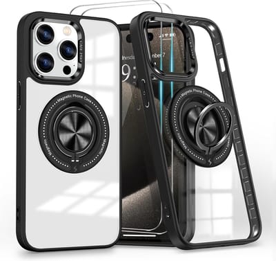 Hoesje Geschikt voor iPhone 15 Pro Arara hoesje voor Magsafe Transparant hard case - kickstand Draaibare Ring Houder met 2 Stuks screenprotectors - Zwart