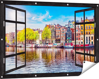 Gards Tuinposter Doorkijk Amsterdamse Huisjes aan het Water - 120x80 cm - Tuindoek - Tuindecoratie - Wanddecoratie buiten - Tuinschilderij