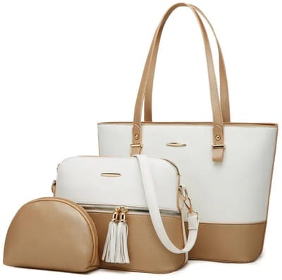Bovista Handtas Dames - Schoudertas - School - Shopper - Schooltas - Werktas - 3-Delige Set - Wit/Goud