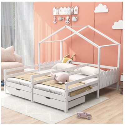 Lit enfant - MUVOE - Lit à lattes avec 2 tiroirs - MDF - 200x90 cm - Blanc blanc