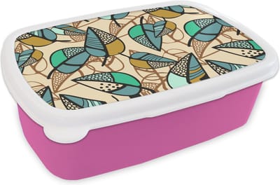 Broodtrommel Roze - Lunchbox - Brooddoos - Bladeren- Bohemian - Natuur - Patronen - 18x12x6 cm - Kinderen - Meisje