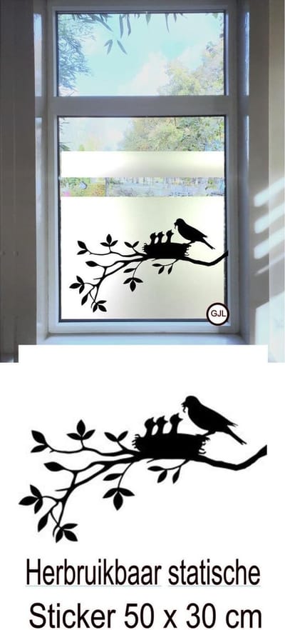 Raam sticker / muursticker Moeder vogel met baby vogel in nest  - Decoratief -  Herbruikbaar statische
