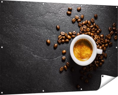 Gards Tuinposter Kopje Koffie met Koffiebonen - 150x100 cm - Tuindoek - Tuindecoratie - Wanddecoratie buiten - Tuinschilderij