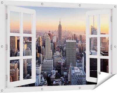 Gards Tuinposter Doorkijk New York Skyline met Wolkenkrabbers - 120x80 cm - Tuindoek - Tuindecoratie - Wanddecoratie buiten - Tuinschilderij