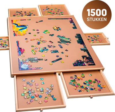 Asawa Puzzelbord - Puzzelplaat Draaibaar met Opbergsysteem - 1500 Stukjes - 91x63 cm - 6 Lades - Houten Puzzeltafel - Puzzelmat - Puzzelmap - Portapuzzle