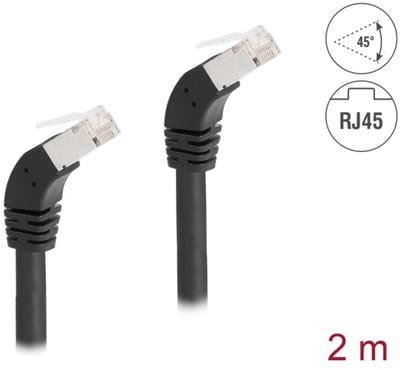 Delock RJ45 Network Cable Cat.6A S/FTP 45° downwards angled 2 m black