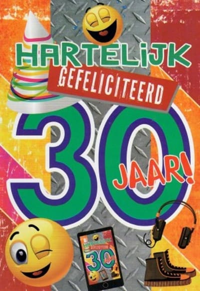 Hartelijk gefeliciteerd! Je bent 30 jaar geworden! Een kleurrijke wenskaart met blije smileys en een mobieltje. Een leuke kaart om zo te geven of om bij een cadeau te voegen. Een dubbele wenskaart inclusief envelop en in folie verpakt.