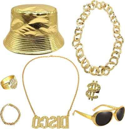 80s en 90s Hip Hop Kostuum voor Mannen en Vrouwen, 7-delig Outfit met Gouden Hoed, Zonnebril en Disco Ketting voor Carnaval, Halloween en Feestjes