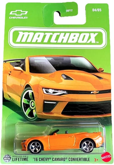'16 CHEVY CAMARO CONVERTIBLE ORANGE 04/051:64 MATCHBOX METAL SHORT CARD
