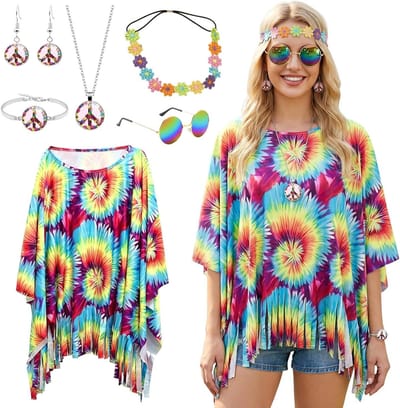 Hippie Kostuum voor Dames met Poncho, Hoofdband, Bril, Ketting, Oorbellen en Armband voor Carnaval en Disco 60s 70s Themafeest
