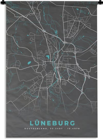 Wandkleed - Wanddoek - Blauw – Duitsland – Plattegrond – Stadskaart – Kaart – Lüneburg - 120x180 cm - Wandtapijt