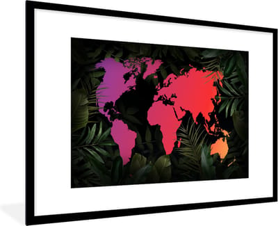 Poster in lijst - Fotolijst 120x80 cm - Posters - Wereldkaart - Kleuren - Planten - Posterlijst zwart - Decoratie - Wanddecoratie woonkamer - Muurdecoratie slaapkamer