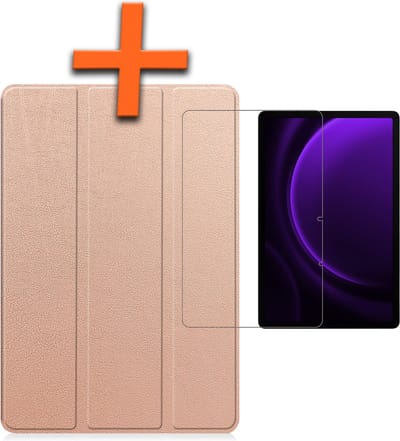 Hoesje - Geschikt voor Samsung Galaxy Tab S9 FE Plus - Met Screenprotector - Trifold Bookcase - Hard Cover Case - Met Uitsparing Geschikt voor S Pen - Hardcover Book - Tablet Hoes - Rosé goud