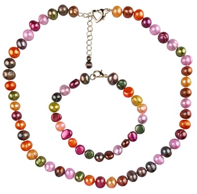 Zoetwaterparel set Decorative Bold - parelketting + parel armband - echte parels - sterling zilver- multicolor - oker - oranje/zalm - grijs - mosgroen - lila - roze - grijs-bruin - luxe sieraden zakje - parelketting dames - parel armband dames