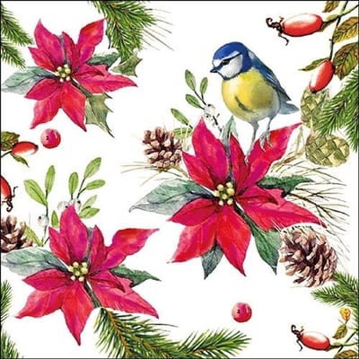 Lunch Servetten Bird On Poinsettia White - Ambiente - 33x33 cm