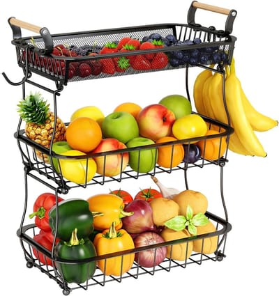 KAD® Fruitschaal - 3-Tier Fruit Etagère - Opbergstandaard voor fruit en groente - Zwart - 35cm x 25cm x 75cm