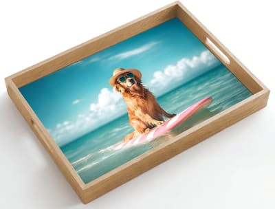 Dienblad hout 50x35 cm - Schootdienblad - Zeewater - Hond - Golden retriever - Zonnebril - Borrelplank rechthoek - Plateau dienbladen