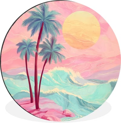 WallCircle - Wandcirkel - Muurcirkel - Palmbomen - Golven - Zee - Aluminium - Dibond - 30x30 cm - Binnen en Buiten