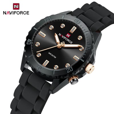 NAVIFORCE horloge met zwarte gefumeerde siliconen polsband, zwarte wijzerplaat en zwarte horlogekast voor dames met stijl ( model 7115 BB )