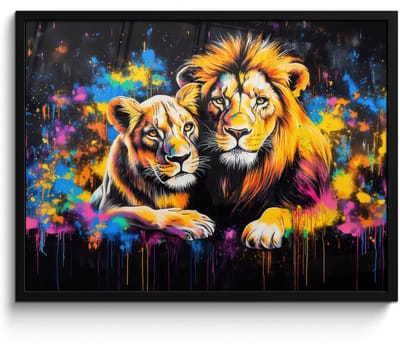 Poster in lijst - Fotolijst 70x50 cm - Posters - Leeuwen - Schilderij - Kleuren - Posterlijst zwart - Decoratie - Wanddecoratie woonkamer - Muurdecoratie slaapkamer