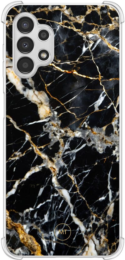 Hoesje (shockproof) geschikt voor Samsung Galaxy A13 4G - Black marble elegance - Extra sterke case - TPU/polycarbonaat - Marmer - Zwart, Transparant