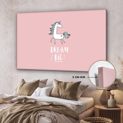 Kinderkamer decoratie - Schilderij voor kinderen - Dream big - Eenhoorn - Roze - Quotes - Tekst - Muurdecoratie kinderkamer - Canvas kind - 150x100 cm