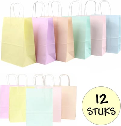 12x Papieren Uitdeeltasjes - 16x8x22cm - Stevig Papier - Traktatie Zakjes - Papieren Tasjes - Cadeau Zakjes - Uitdeelzakjes - 6 Verschillende Pastel Kleuren - Kraftpapier Draagtas - 12 Stuks