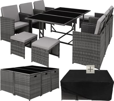 tectake® - Tuinset Malaga - Outdoor Balkon Tuinmeubelset - Loungeset met 6 stoelen, 4 krukken, 1 tafel en beschermhoes - Wicker vlechtwerk - Weerbestendig en Ruimtebesparend - Grijs