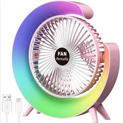 Nieuwe USB-bureauventilator met 3 standen en kleurrijke LED-verlichting – Draagbare tafelventilator – Stille desktopventilator – 180° draaibaar – Voor thuis, kantoor, slaapkamer en studentenkamer (Roze)