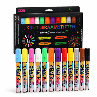 YYchan Raamstiften Afwasbaar - Krijtstiften 12 Kleuren - Krijtmarkers voor Glas & Auto & Raam - Dun Punt / Dikke Punt 3/6mm - Whiteboard Stiften - Whiteboardmarkers - Krijtstift Markers - Glasstiften - 12 Kleuren