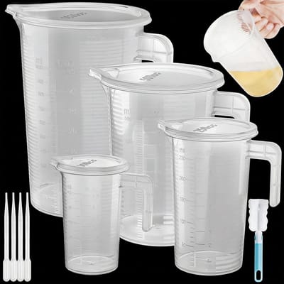 Set Van 4 Stuks Maatbeker Herbruikbaar Kunststof Metenbekers met Schaal Van 100-1000 ml Transparante Kleine Maatbeker met Pipet/Deksel/Borstel Doseringshulpmiddel Voor Metenbekers Keuken
