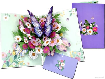 Popcards pop-up kaart – Vrolijke Margrieten met Prachtige Vlinders Dieren Butterfly Kunstkaart pop-up kaart wenskaart 3D kaart