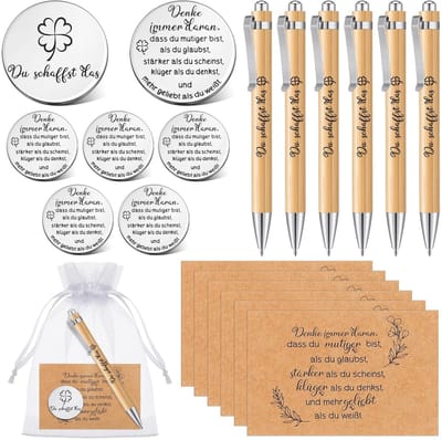 Dailygoods- Aanmoedigingsgeschenken met inspirerende pen - Geluksbrenger - Bedankkaart - Organza-geschenkzakje - Kraftpapier - Roestvrij staal - Cadeauset