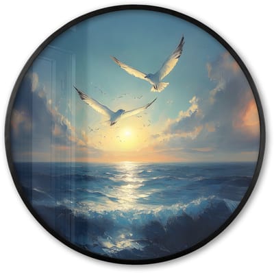 Poster in lijst Rond - Fotolijst 60x60 cm - Posters - Meeuwen - Zee - Wolken -Blauw - Ronde posterlijst zwart - Decoratie - Wanddecoratie woonkamer - Muurdecoratie slaapkamer