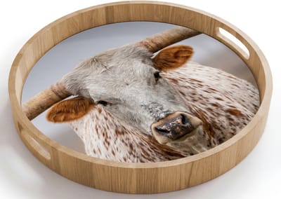 Dienblad rond 40x40 cm - Schootdienblad hout - Longhorn - Grasveld - Dier - Borrelplank rechthoek - Plateau houten dienbladen