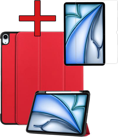 Hoesje - Geschikt voor Apple iPad Air (2024/2025/2026) - 11 inch - Met Screenprotector - Trifold Bookcase Hoes - Hard Cover Case - Met Uitsparing Geschikt voor Apple Pencil - Hardcover Book - Tablethoes - Rood