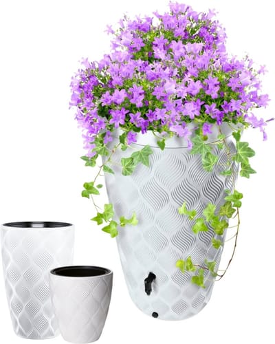 Combinatie set Wave - Regenton + 2 Bloempotten/Plantenbakken - Wit - Tuin - Super Voordeelset