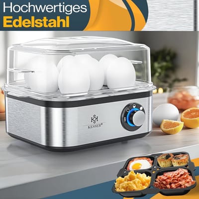Eierkoker voor 1 tot 8 eieren, elektrische RVS eierkoker met warmhoudfunctie, LED-draaiknop en drie hardheidsgraden