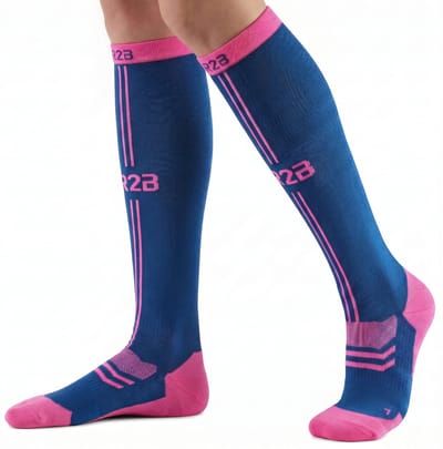 R2B Sport Compressiekousen Dames/Heren - Compressie Sokken Hardlopen - Sportsokken - Hardloopsokken - Compressie Kousen Vliegtuig - Maat S (Schoenmaat 34-36) - Blauw/Roze