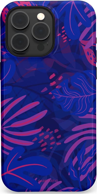 Casetastic hoesje geschikt voor Apple iPhone 15 Pro Max - MagSafe - Dubbellaagse bescherming - Neon jungle blad - Fashion Case - Donkerblauw Lavendel Roze